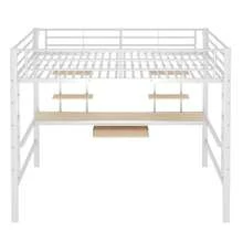 Hochbett, 140 x 200 cm, Metallbettgestell, Eisenbett, Hochbett mit Schreibtisch und zwei Ablagen für Kinder, Jugendliche und Erwachsene, Weiß