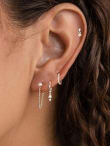 14K镀金耳环套装，精致多层珍珠耳环，低过敏性耳骨耳环，时尚女士首饰套装 - 銀色 - 查看 2