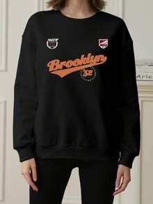 1 件休闲美式学院风图案印花宽松套头衫，适合女士，百搭日常穿着，秋冬 - 黑色 - 查看 3