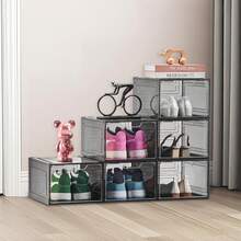 Shoe Storage Boxes, 6 Pack Clear Stackable Shoe Boxes Storage Organizers With Magnetic Door, Fit Up To US Size 13, Plastic Sneaker Containers For High Heels, Boots, And Hats, Transparent Black - Fully transparent magnetic clasp set (6 pieces, black) - 查看 9