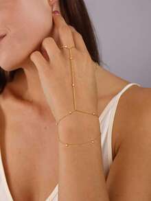 1pc Fashionable Personalized Minimalist Metal Beaded Chain Finger Ring, Versatile, Suitable For Daily Wear (Handcrafted Chain Cut To Appropriate Length, Random Bead Quantity) Valentine's Day Accessories - Gold - View 4