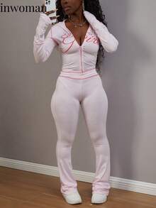 Women's Autumn Long Sleeve Hooded Sweatshirt Set, Zipper Design, "Girl" Letter Print, Comfortable Sweatpants, Suitable For Travel And Outdoor, Autumn Casual Outfit - Hồng - Xem 3