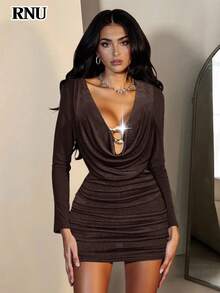 RNU Pleated Collar/Metal Button Hollow/Minimalist Sequin Elastic Fitted Bottom, Women's Casual Nightclub Business Casual Concert Outfit, Office Wear, High Stretch Slim Fit Casual Daily, Valentine's Day/Carnival/New Year Birthday Dress, Sexy Nightclub Party, Street, Vacation, Date, Spring Summer Autumn Winter Long Sleeve New Short Skirt - Chocolate Brown - View 4