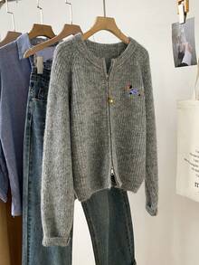 Apricot Puppy Zipper Women's Spring Sweater Jacket, Korean Style Short Sleeve Vest, Versatile For Daily Wear - Grey - View 3