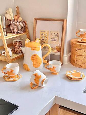 一套可爱猫咪陶瓷茶具，3D立体设计，橙色调 - 下午茶品鉴，猫咪主题家居装饰，精美之选，适合作为生日、乔迁之礼送给爱猫人士。