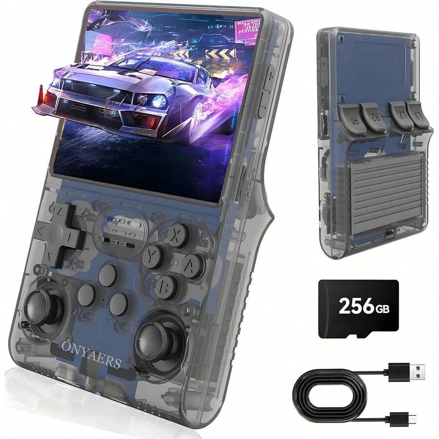 Retro-Handheld-Spielkonsole mit 3,5-Zoll-IPS-HD-Display und 256-GB-TF-Karte – inklusive mehrerer vorinstallierter Spiele und Linux-Betriebssystem | Klassischer tragbarer Arcade-Player - Schwarz - Übersicht 1