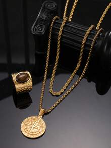 三件套时尚男士不锈钢金色指南针首饰套装，包含指南针项链、虎眼石戒指，适合男士日常穿搭、节日、约会、订婚、结婚等场合作为礼物。
