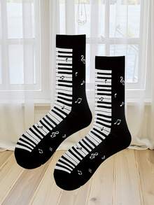 1 Pair Women's Musical Piano Key Graphic Mid-Calf Socks, Casual Music Themed Socks Suitable For Daily Wear - Multicolor - View 5