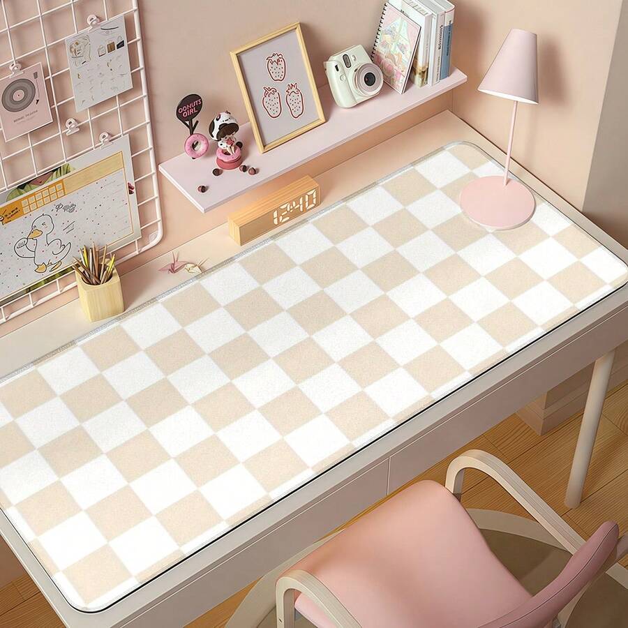 1pc Beige & White Checkered Desk Mat - Non-Slip Wrist Rest, Fatigue Reduction, Soft & Durable Rubber Base And Smooth Surface, Suitable For Computer, Office And Gaming - Beige & White Checkered Pattern (Beige, Light Brown) - Easy To Clean Workspace Accessory, Ideal For Creative Professionals - Rectangle - View 1