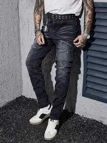 1 pieza Jeans ajustados y acampanados con estiramiento para hombres, de moda y versátiles para uso casual diario y ropa de calle - Negro - Ver 1