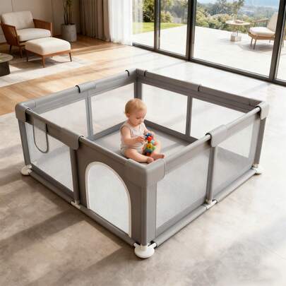 Lcchabls Baby Playpen, Baby Playpens For Babies And Toddlers, BabyFence Play Pen For Indoor & Outdoor, Sturdy Safety Play Yard With Soft Breathable Mesh, 47.24 * 47.24 * 23.62 Inches Grey