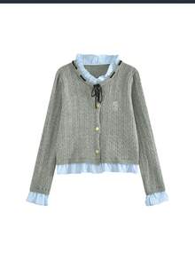 女士灰色二合一针织开衫，春秋新款，学院风荷叶边装饰，修身短款上衣 - 灰色 - 查看 5