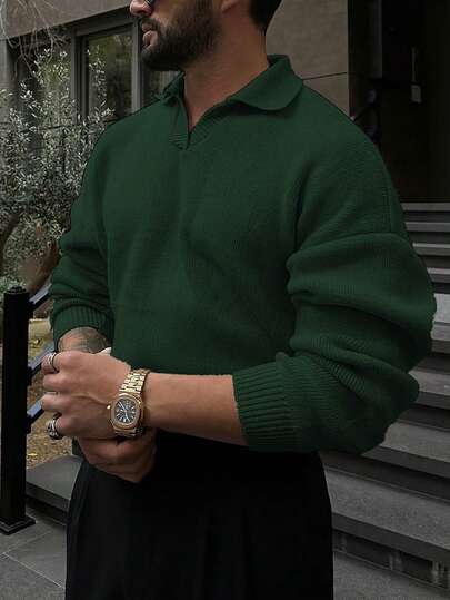 Men's Plus-Size Casual Polo Collar Long-Sleeved Knit Sweater For Autumn And Winter
