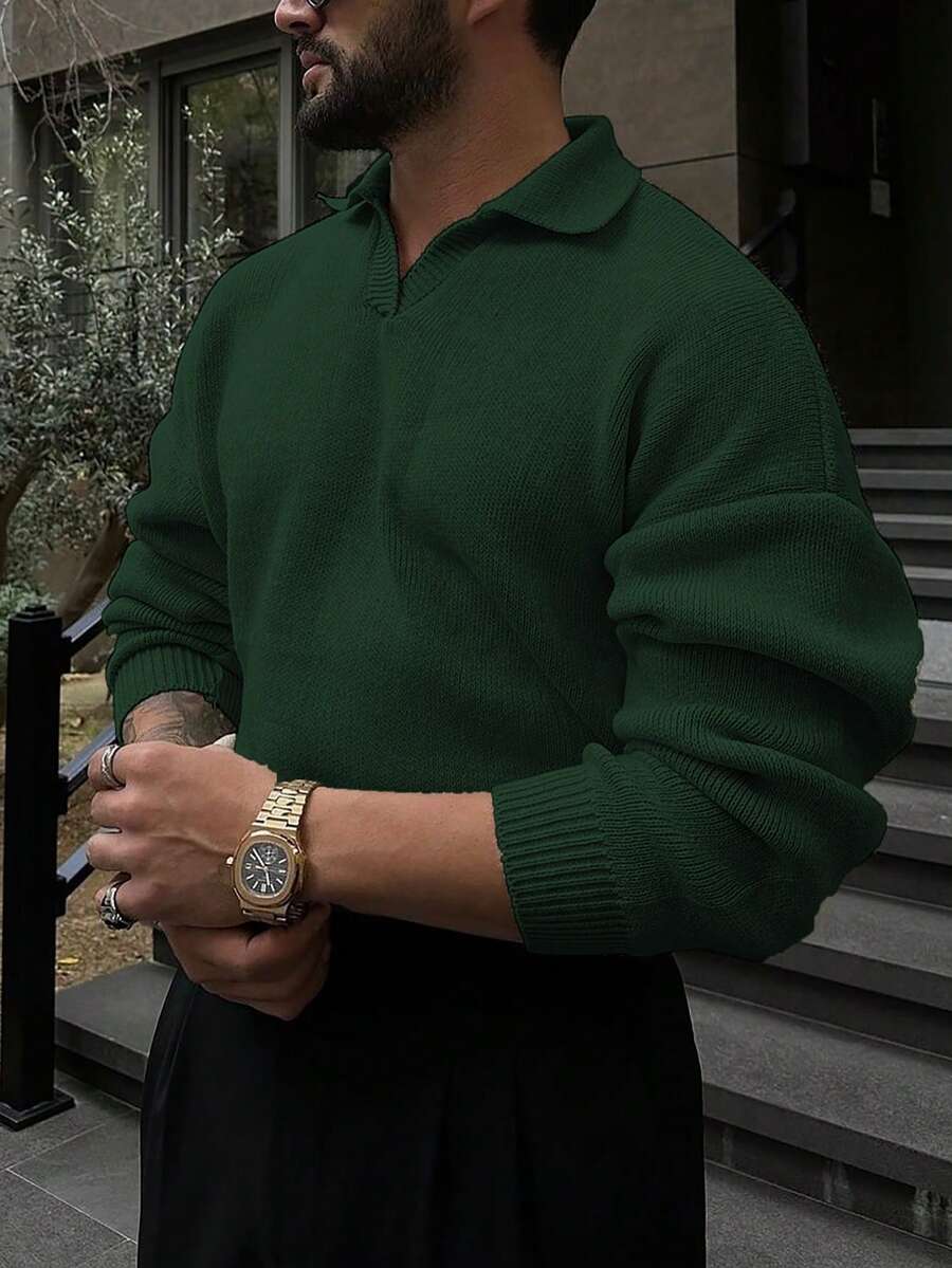 男士加大码休闲Polo领长袖针织衫，适合秋冬季穿着 - 綠色 - 查看 1