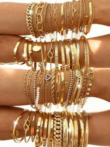 12pcs Simple Heart & Daisy Faux Pearl Bracelet Set, Women Holiday Date Gift, Casual Summer Accessory - Gold 4 - View 6