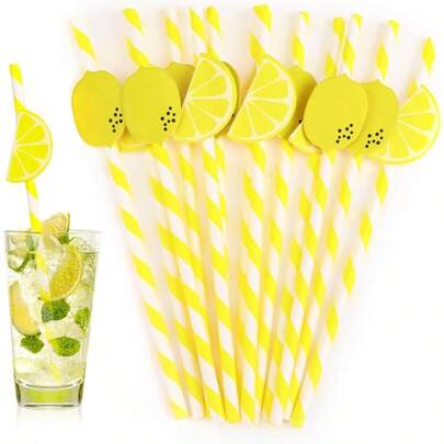 Disposable Lemon Paper Straws 30 PCS Striped Yellow Straws For Drinking Party Decorations Disposable Cocktail Straw Lemon For Drinks Milkshake Lemonade Stand Supplies Decorations
