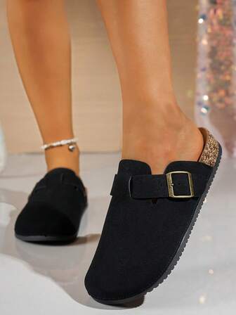 女士纯色休闲厚底套脚拖鞋，防滑，适合秋冬季穿着