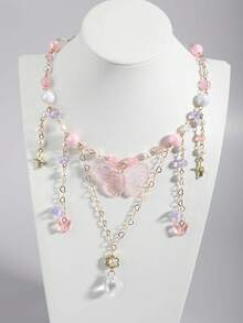 1件时尚粉色欧美风多巴胺项链，饰有甜美粉色蝴蝶、爱心、铃兰花和流苏多层颈链 - 粉色 - 查看 2