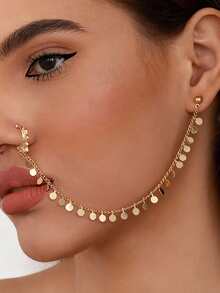1pc Star & Moon Tassel Nose Stud Nose Ring, Clip-On Earring Style Nose Piercing For Women - Gold - View 2