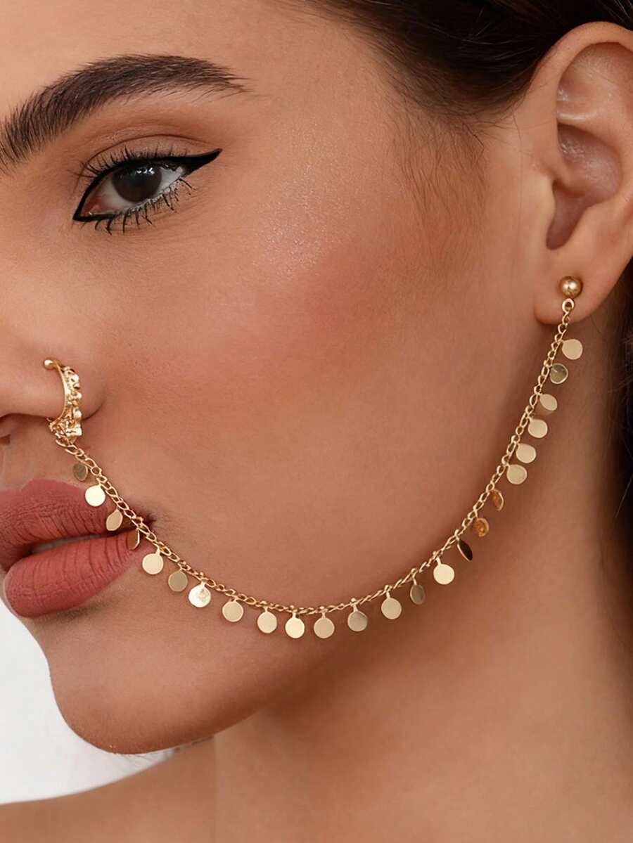 1pc Star & Moon Tassel Nose Stud Nose Ring, Clip-On Earring Style Nose Piercing For Women