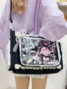 1个可爱蕾丝荷叶边装饰单肩包，优雅精致的日式风格，透明层叠装饰，适合动漫/漫画展，大容量休闲手提包，配有可拆卸可调节肩带 - 黑色 - 查看 7