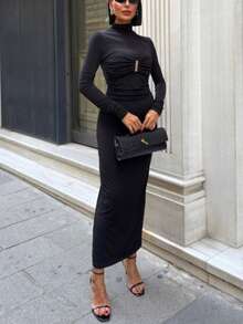 Elegant Long Sleeve High Neck Dress With Metallic Buttons And Chest Ruching, Suitable For Parties, New Year - Black - View 4