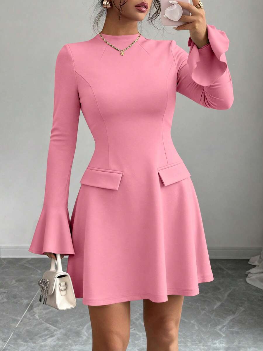 PRETTYGARDEN Women's Long Sleeve Elegant Mini Dress Fall Bodycon Mock Neck Elegant Business Work Party Short Dresses New Years Valentine Vacation - 粉色 - 查看 1
