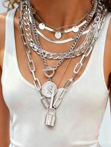 6-7 件复古优雅时尚金属多元素人造珍珠、水晶十字架、肖像、圆盘、人造珍珠、心形、蝴蝶、星星、月亮一体式吊坠流苏长项链套装，个性化极简主义 Y2K 嘻哈分层颈链、毛衣链，适合女性、度假、派对、约会、日常搭配、万圣节、圣诞节、新年珠宝礼物 - 銀色 - 查看 10