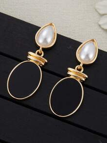 1 par de pendientes colgantes de estilo bohemio elegante con gota negra y perla falsa, pendientes colgantes para mujeres, joyería de uso diario versátil