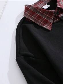 Men's Plaid Patchwork Turndown Collar Long Sleeve Polo Shirt, Suitable For Autumn, Winter And Spring - 黑色 - 查看 4