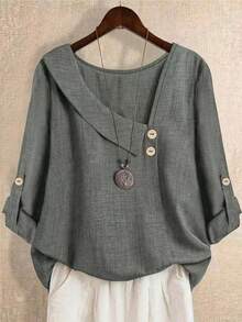 大码女式纯色不对称领时尚卷袖长袖衬衫，配系带，适合所有季节，春季款 - 灰色 - 查看 1