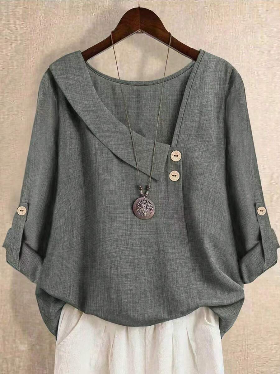 大码女式纯色不对称领时尚卷袖长袖衬衫，配系带，适合所有季节，春季款 - 灰色 - 查看 1