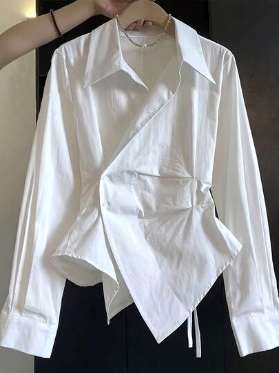 Blusa asimétrica para mujer, casual y elegante para el verano, color blanco sólido, lavable a máquina, serie de moda coreana/japonesa, top versátil, estilo moderno, ajuste cómodo