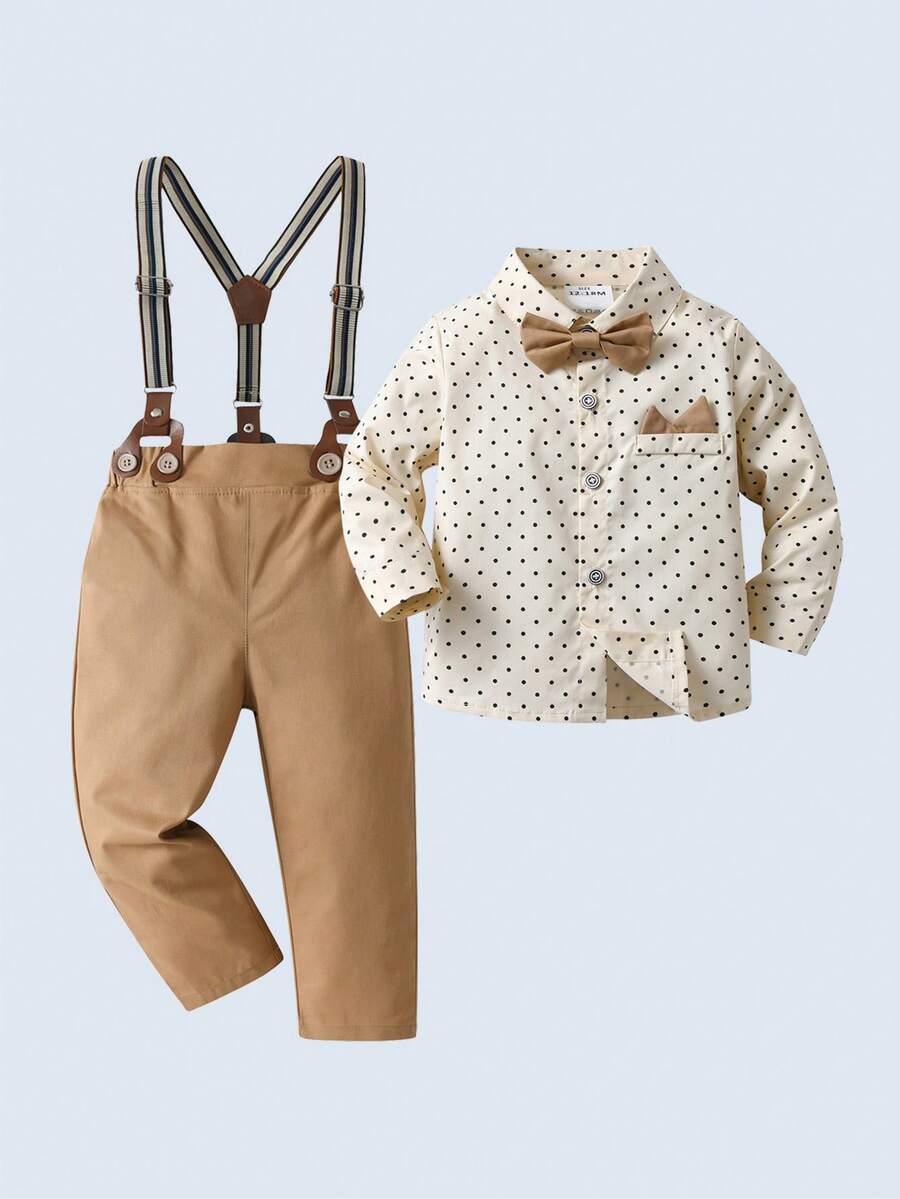 BOARNSEORL 2pcs Young Boys Gentleman Outfit - Long Sleeve Collared Shirt With Bow Tie And Suspender Pants, Fashionable And Dapper For Birthday Party, Formal Event, Wedding, Anniversary Celebration