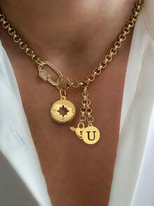 This STYLEVER Single Gold Letter Octagonal Star Necklace, Paired With A Heart-Shaped Chain And Stainless Steel Chain, Is Suitable For Work, Daily Life, Parties, Banquets And Balls. It Is A Unique And Luxurious Women's Necklace. - Yellow Gold - View 16