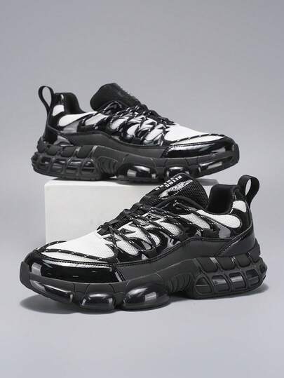 Zapatos deportivos para hombre con malla transpirable en negro y blanco, parches, suela antideslizante y acolchada, zapatillas casuales versátiles para todo el año