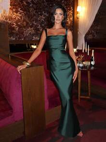 Elegant Satin Cinching Waist Lace Up Bodycon Slip Dress, Long Gown For Halloween Party, Cocktail Party, Christmas Party, Valentine's Day - Dark Green - View 8