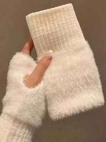 1 Pair / 2 Pairs Of Women's Fingerless Knitted Fleece Gloves, Warm Winter Gloves, Faux Fur Gloves, Multi-Functional Cute Office Cycling Windproof Fingerless Gloves - Multicolor - View 5