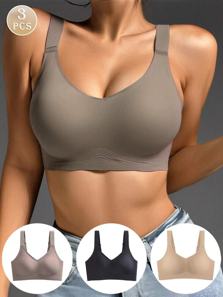 3pcs Women's Comfortable Minimalist Lingerie Set, Lightweight & Sexy, Non-Sagging Bra, Wireless Sports Bra, Summer - Multicolor - View 1