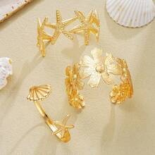 3 pièces Ensemble de bracelets en métal vintage avec design exagéré de fleurs, étoile de mer et coquillage, convient pour un port quotidien et en cadeau - Doré - Voir 5