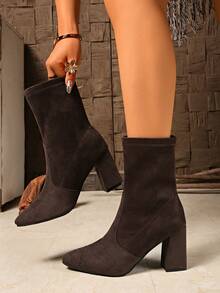 2025 Autumn/Winter New Suede Chunky Heel Ankle Boots For Women, Pointed Toe, Elastic Slim Fit Boots, Versatile - Brown - View 1