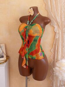 Women's Summer Random Print Wide Strap Ruffle Trim Spaghetti Strap Bikini Top