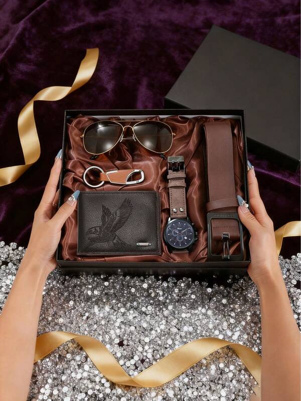 5pcs Men's Classic Fashion Stylish Casual Versatile Watch, Wallet, Belt, Sunglasses, Keychain Combination Set, With Gift Box, Suitable For Various Occasions, Campus Essential/Christmas, Halloween, Birthday, Perfect Gift For Boyfriend, Dad