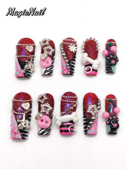 10 Pieces Of Pure Hand-Pressed Wearable Nails, 33mm Long Nails, Burgundy With Glitter Pink Nails, Black And Blue, Black And Pink Contrast, Hand-Painted White Lines, Black Line Decoration, White Raised Bones, Silver Round Ball Lines, Nail Lines, Silver Five-Pointed Starlight Ornaments, Pig Nose Ornaments, Cat's Paw Prints. It Is Suitable For Daily Leisure Vacation, Banquets, Parties, Shows And Other Activities. Nail Supplies