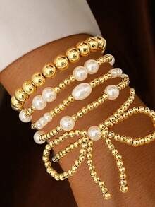 7pcs Elastic Handmade Beaded Bracelet Set, Universal Design With CCB Round Beads - Yellow Gold - View 6