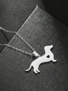 1pc Cute Animal Dog With Hollow Heart Stainless Steel Pendant Necklace, Suitable For Family, Friends, Daily Wear