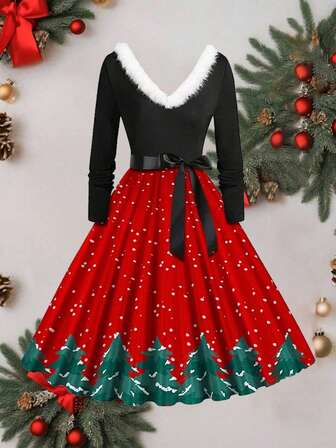Christmas Dress With Santa Claus, Snowflake And Christmas Tree Print, Long Sleeve A-Line Dress With Fur Collar