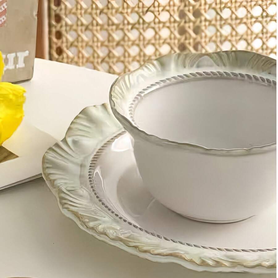 Vintage Embossed Ceramic Coffee Cup And Saucer Set - French Retro Style, Multi-Purpose For Coffee, Desserts, Sparkling Water, Ice Cream, Cold Drinks, Ideal For Home, Gatherings, Parties, Gifting, Weddings & Work - Multicolor - View 1