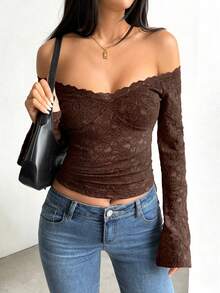 GAOVOT Women's Summer Y2K Sexy And Hot Girl See-Through One-Shoulder Long-Sleeved Lace Top Is Suitable For Valentine's Day Occasions - Dark Brown - View 5