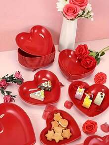 6pcs Heart-Shaped Plates, Valentine's Day Heart-Shaped Bowls, Heart-Shaped Wheat Straw Small Snack, Dessert, Salad Plates, Dinner Appetizer, Sauce, Dip Plates, Suitable For Valentine's Day, Birthday, Bridal Shower Gifts (Red) - Burgundy - View 1